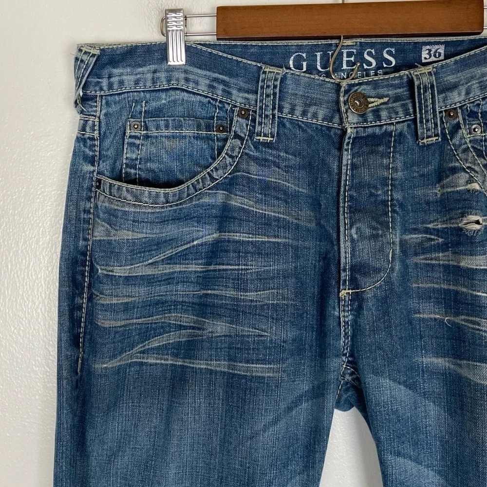 Guess Pasadena Men's Straight Leg Jeans Size 36 Distressed Flap Pockets Blue
